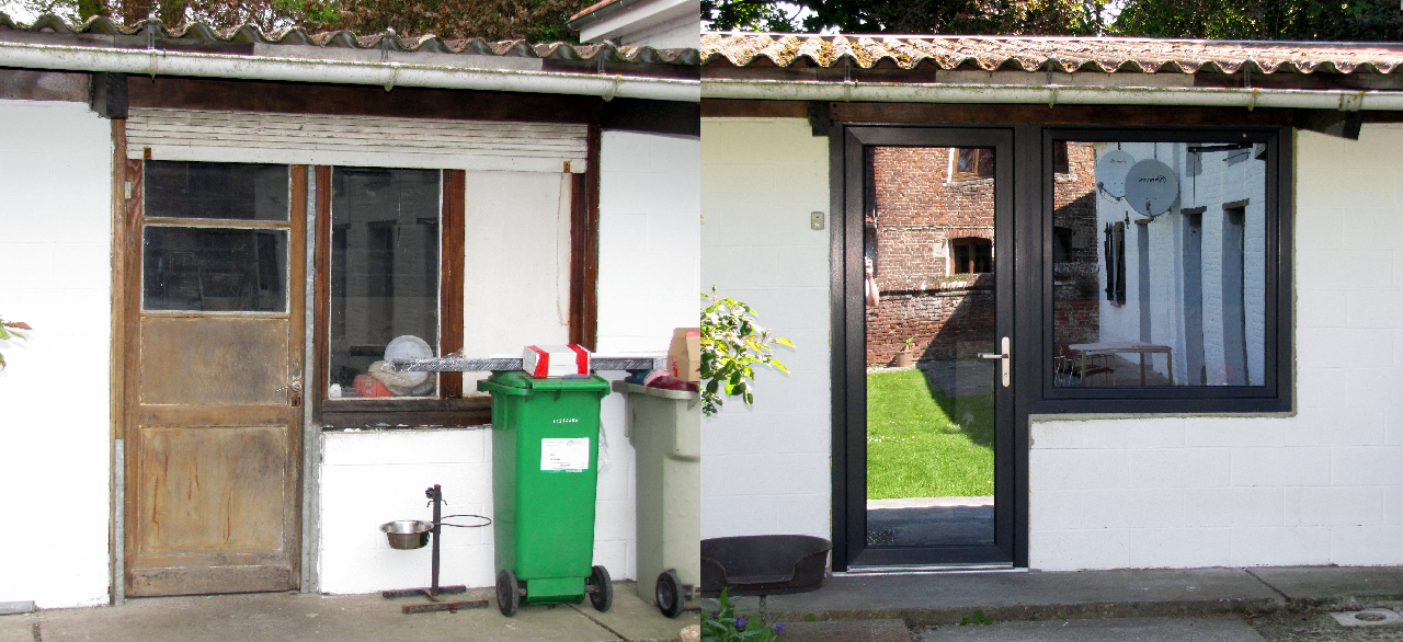   Remplacement d'une porte de service et d'une fenêtre d'un garage pour voiture avec double-vitrage miroir.